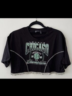 Reworked Chicago varsity tee with diamante hem
